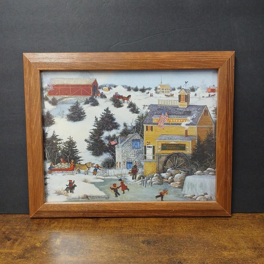 Vintage Linda Nelson Stocks Winter Scene Framed Calendar Art Print